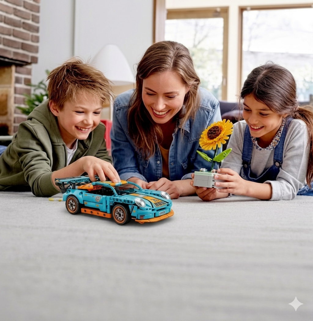 Three children playing with a toy car on a table indoors.